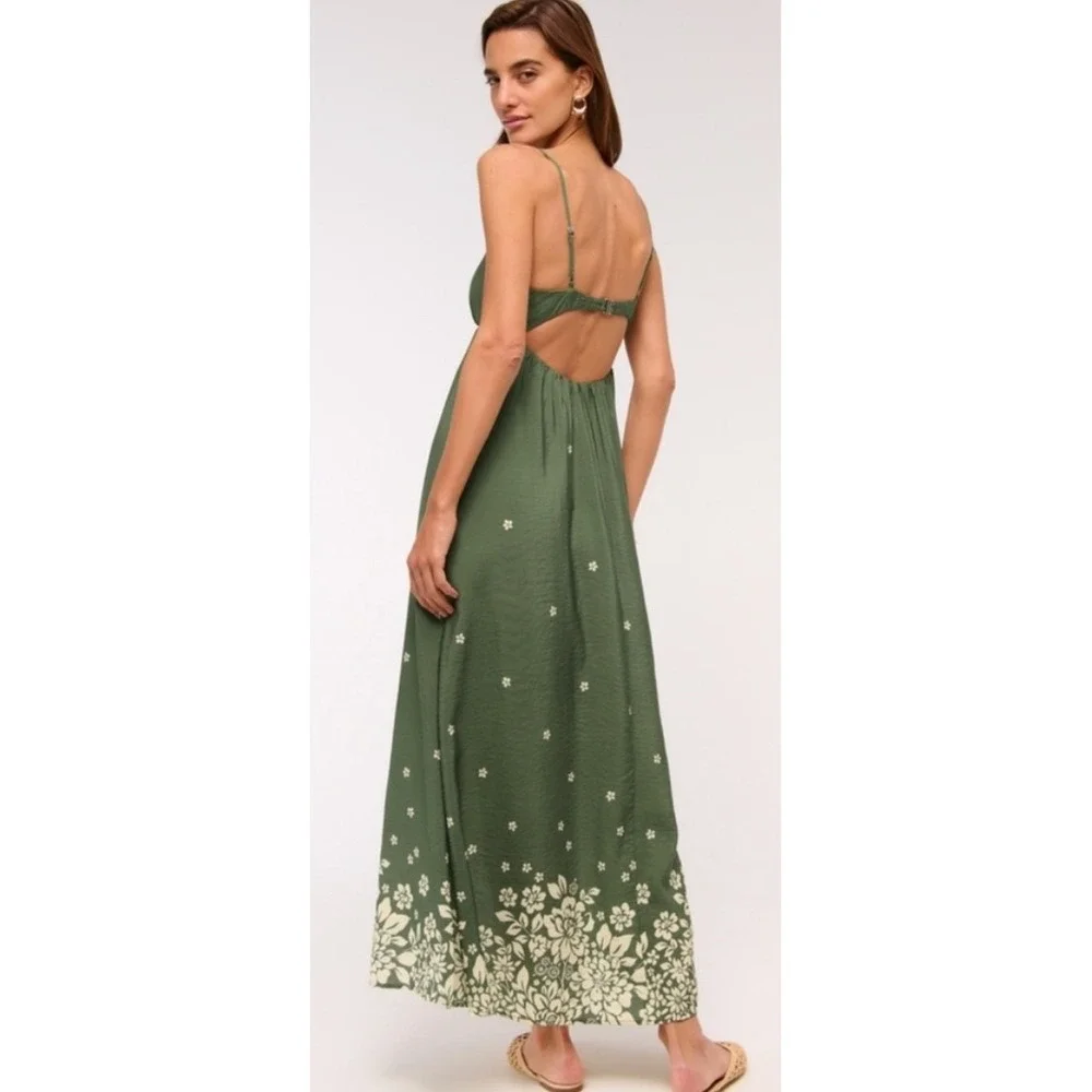 Abercrombie & Fitch Green Floral Flowy Maxi Dress Open Back Boho Fairy Beach‎ MT
